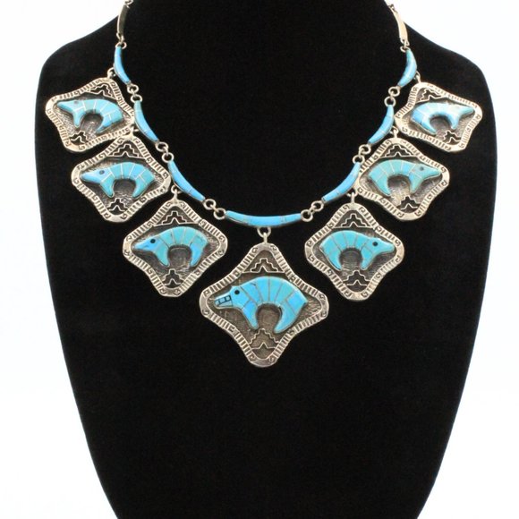 Stamped Derrick Cadman Navajo Sterling Silver Bear Inlaid Turquoise Necklace Set - Picture 7 of 11